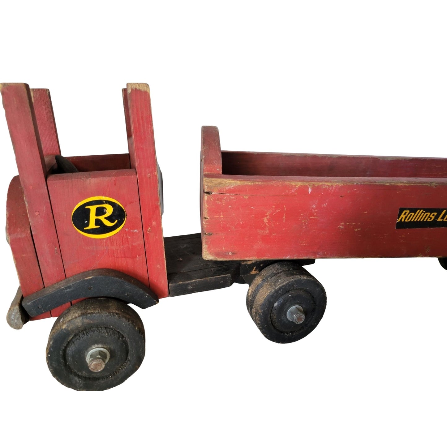 Antique Red Wooden Truck Toy with Rollins Leasing Co. Logo - Vintage Truck and Trailer