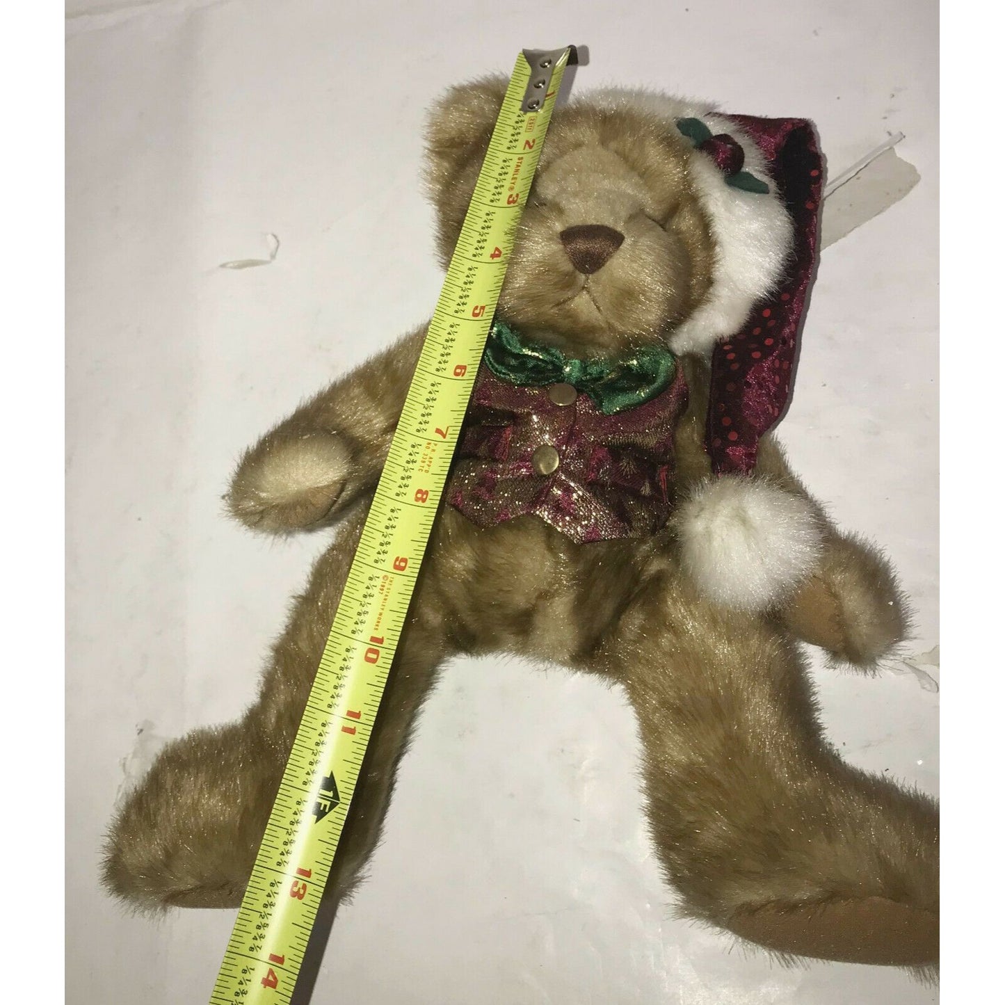 CHRISTMAS BEAR in SANTA Hat 13" Deep Red & Green Tie Holiday Decor