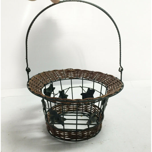 Decorative Metal Wire Basket w Wicker & Tall Handle - Metal Leaves