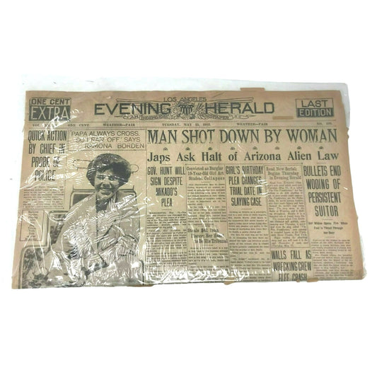 'MAN SHOT DOWN BY WOMAN' 'Japs ask for ..." ANTIQUE NEWSPAPER Los Angeles Evening News May 13, 1913