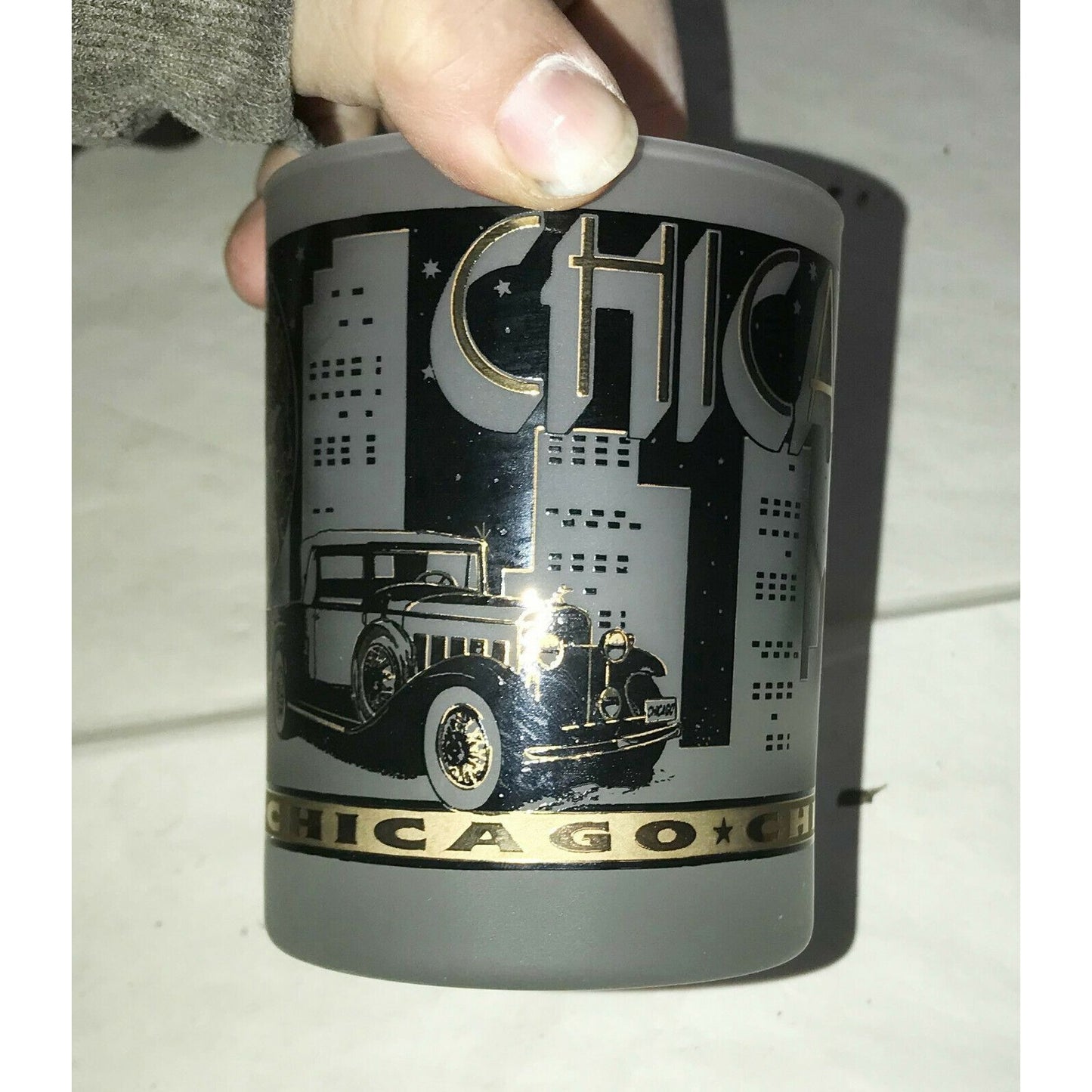 Pair of CHICAGO Tumblers SOUVENIR Gold and Black w Frosted Glass