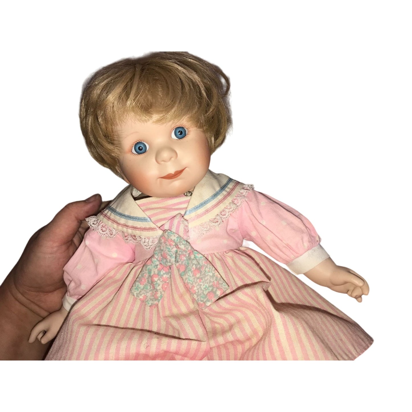 Jennifer Schmidt MEG 'Precious Pairs' Porcelain doll 1991 - Pink Stripe Dress Big Blue Eyes