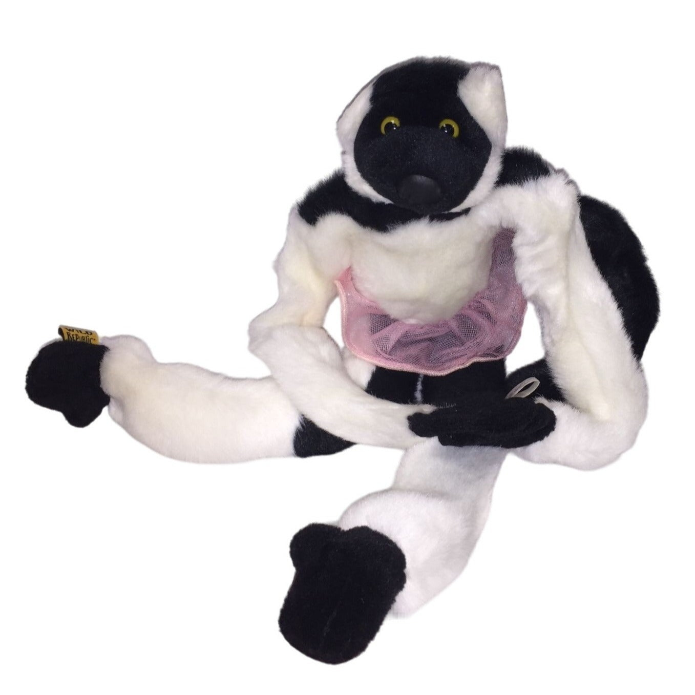 Vintage WILD REPUBLIC White and Black Lemur with Yellow Eyes, Black Tail and Pink Tutu - Animal Plush