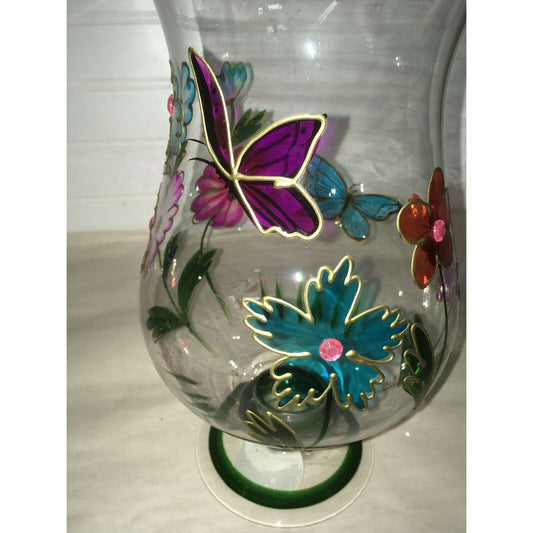 Tall Footed Clear Glass Vase w Hand Painted Flowers & Butterflies