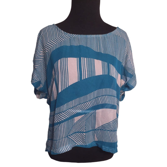 Exhilaration Womens Teal and Beige Blouse with Geometric Patterns Size M