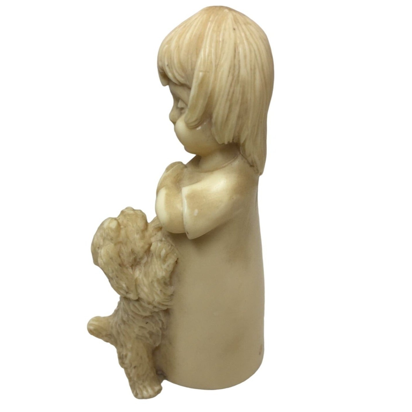 BIanchi Vintage (1979) Alabaster Figurine - Child Playing with Dog - Italy - Contented happy face