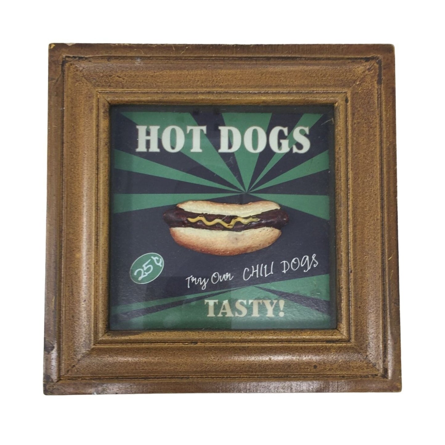 Hot Dogs Tasty! Try Our Chili Dogs! 25 C Framed Vintage advertising Art 6.75" Tall