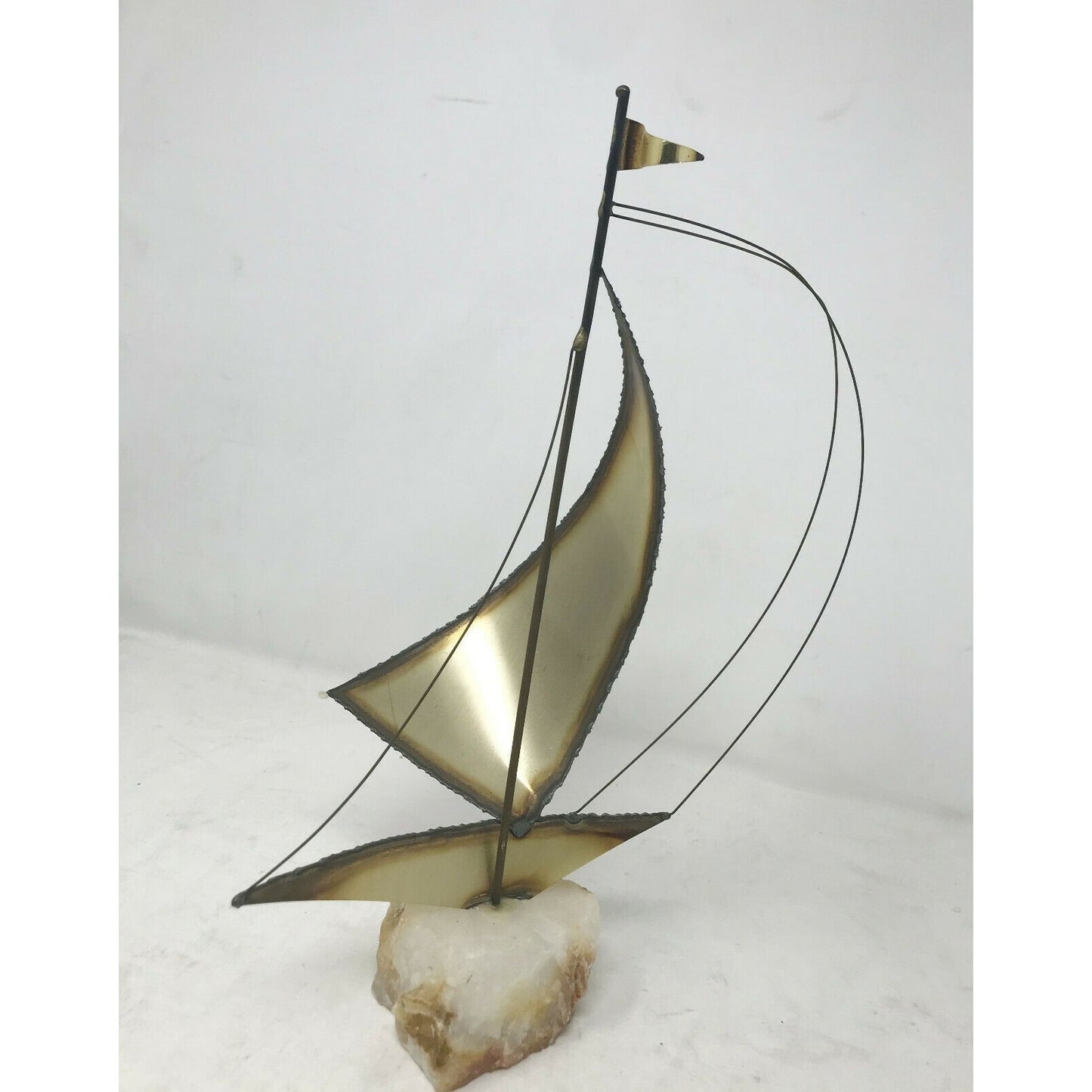 Mid-Century MODERN Brass SAILBOAT Sculpture QUARTZ Base SIGNED