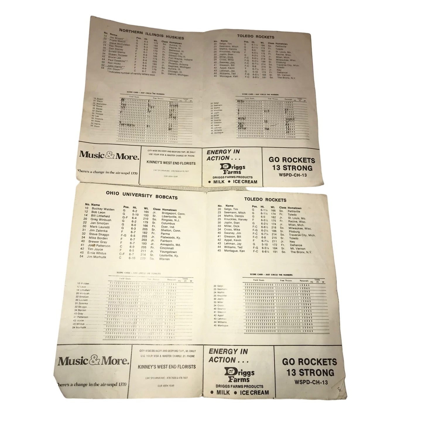 Vintage College Basketball Memorabilia - Univ. of Toledo Vs. Northern Illinois & Toledo Vs. Ohio - Harvey Knuckles Autograph