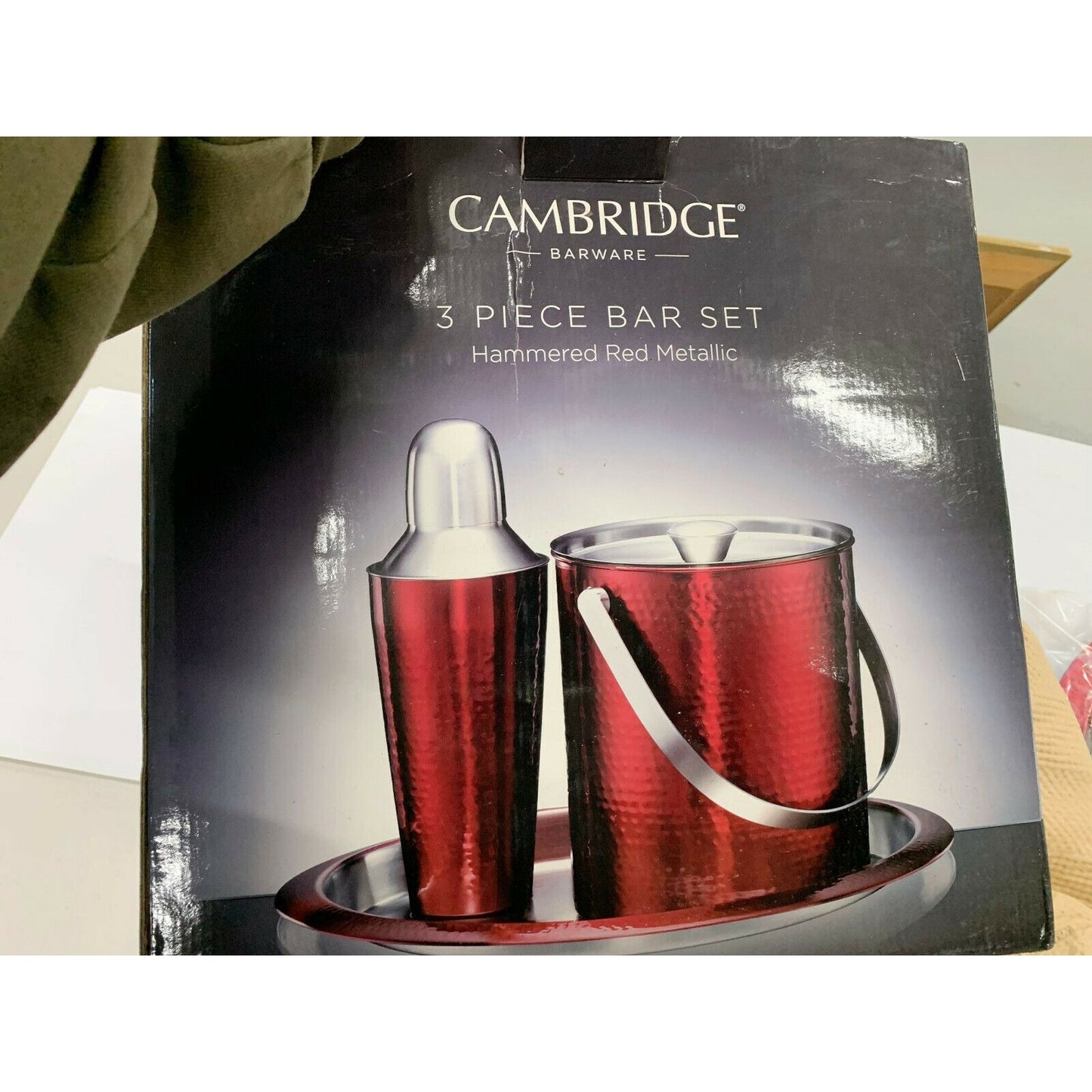 CAMBRIDGE Silversmiths Barware HAMMERED RED Metallic Set (3) NIB