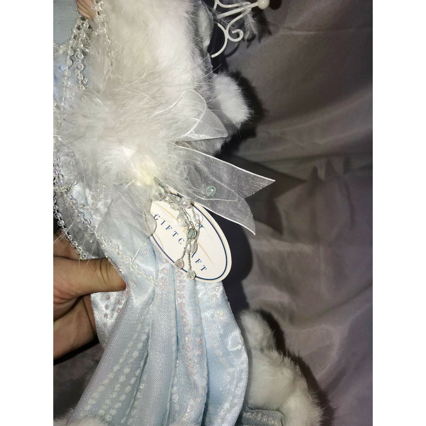 Porcelain Christmas Angel on Base White Fur & Blue Gem Beads Gown