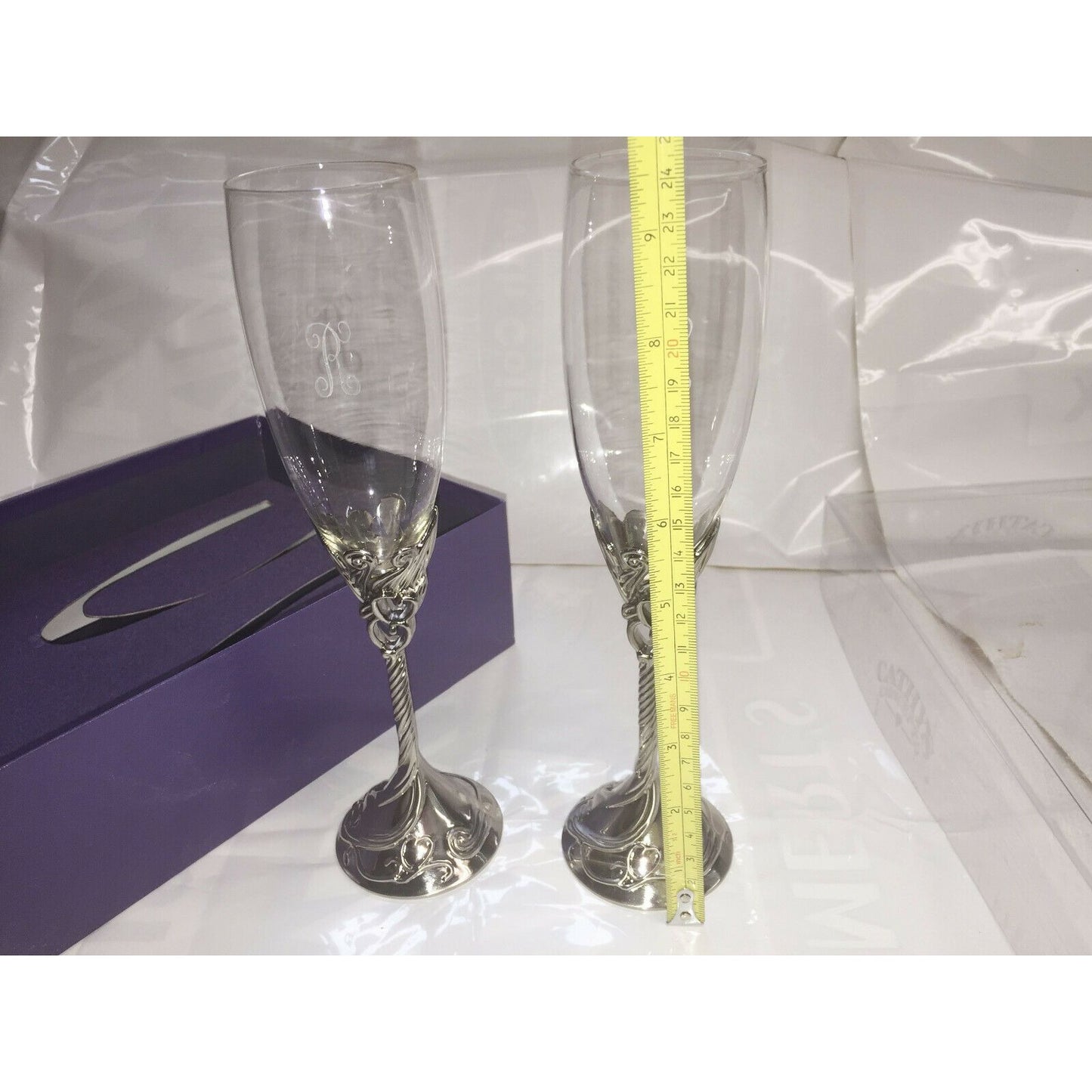 Pair WEDDING Toasting Flutes w Hearts Silver Base Etched 'R' & 'H'