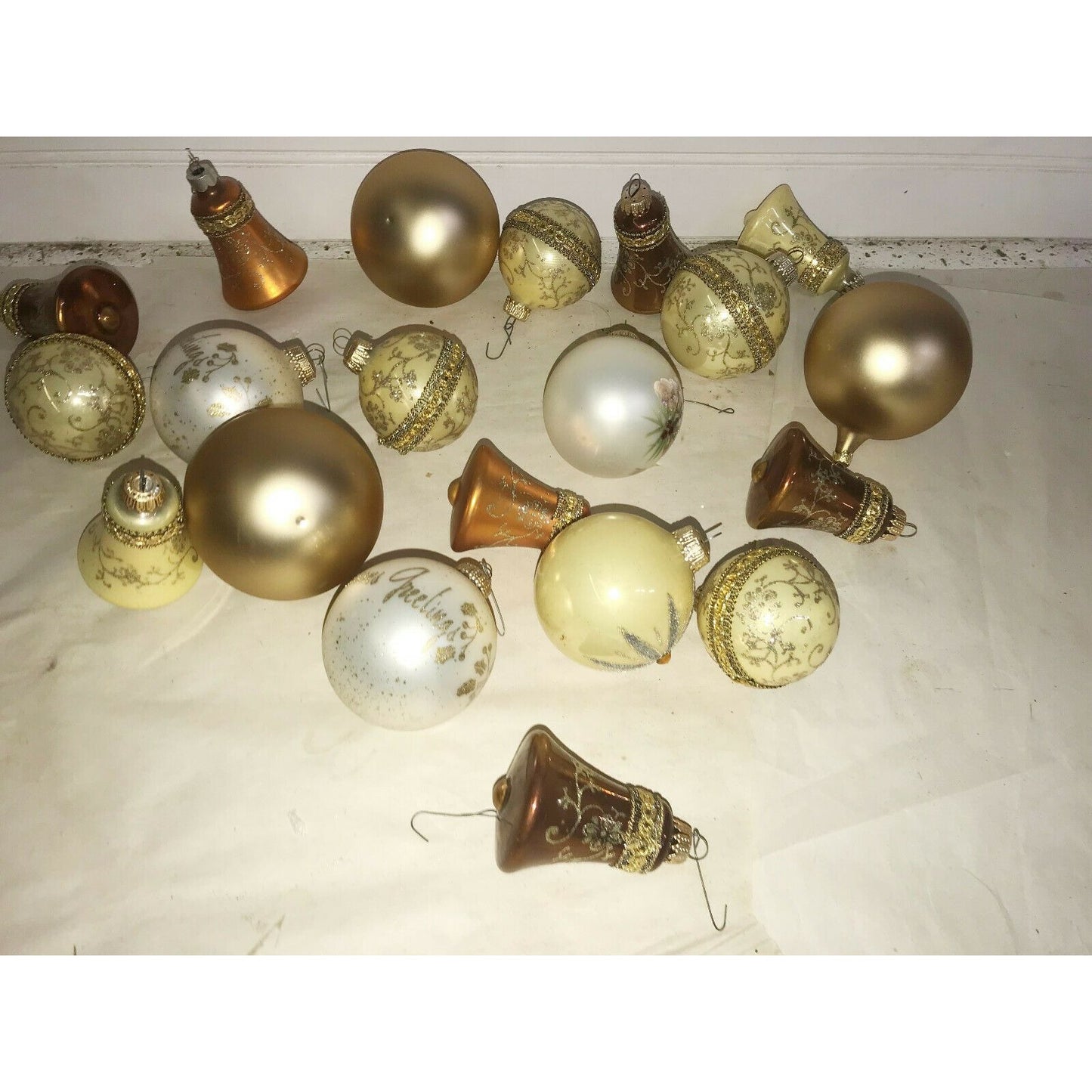 White & Gold CHRISTMAS ORNAMENTS Bell HANDPAINTED Holiday Decor