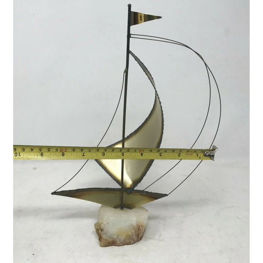 Mid-Century MODERN Brass SAILBOAT Sculpture QUARTZ Base (Signed on Top of Base) --  A+ Stuff Sculptures & Statues