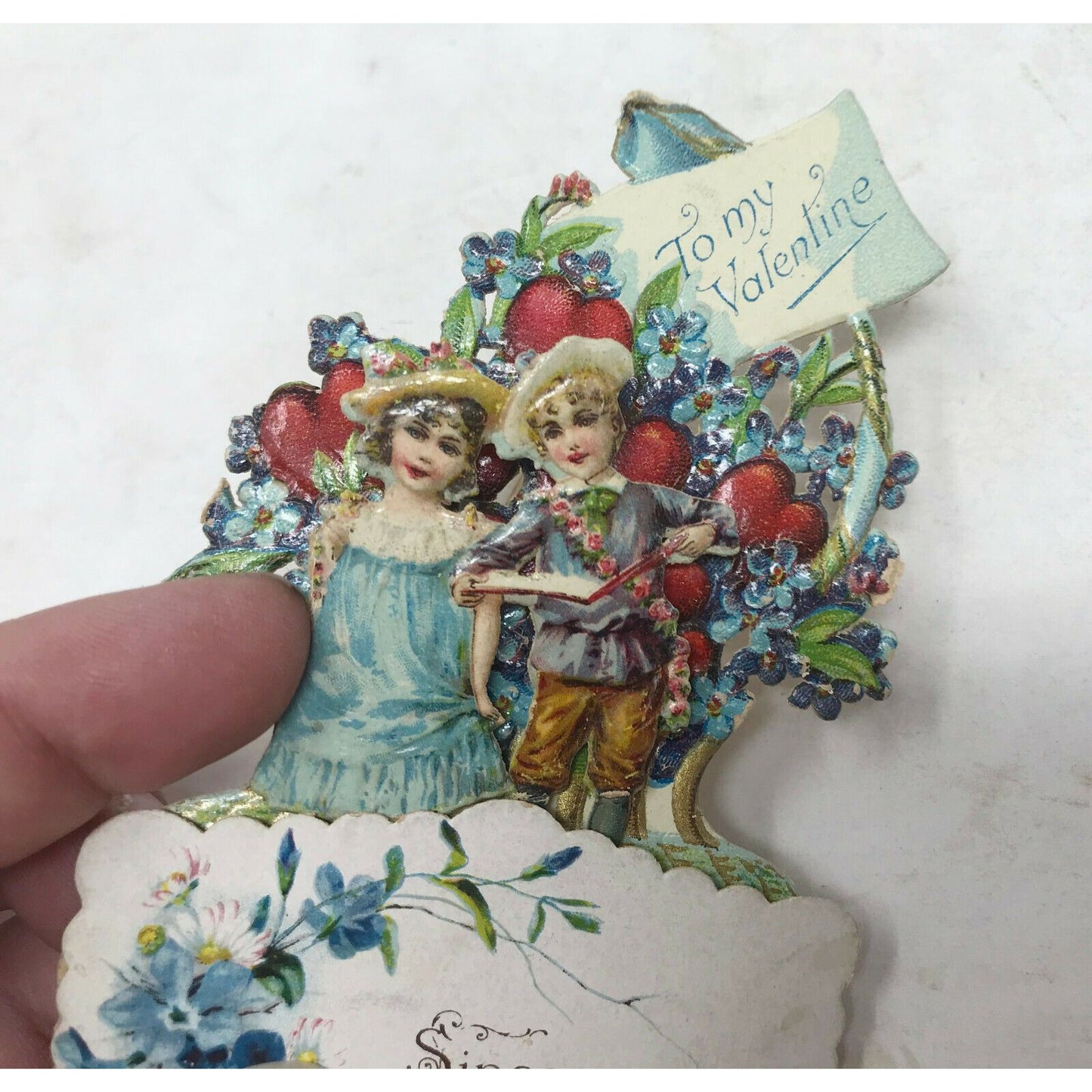 ANTIQUE 1912 Layered VALENTINE Blue Flowers HEARTS Made in Germany