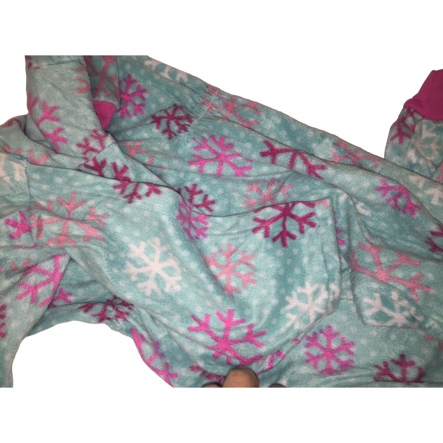 Komar Kids Blue one Piece Pajamas with pink snowflakes and cuffs and hood Size 6