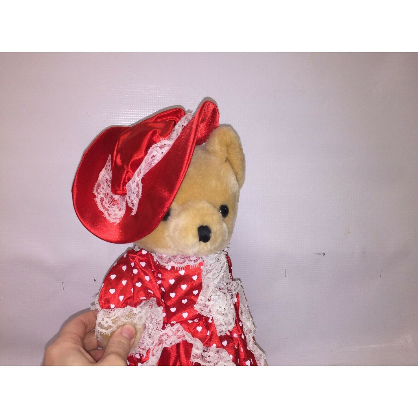 Jointed TEDDY BEAR in Red Satin Gown and Hat (Valentines or Xmas)