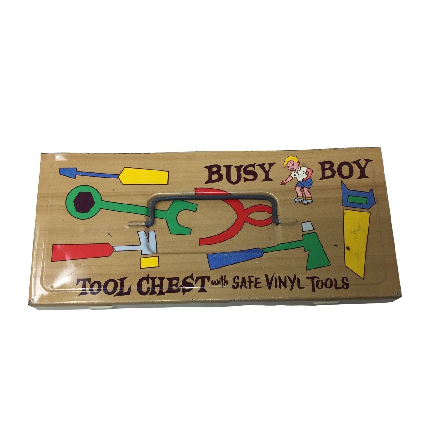 Vintage Toy Toolbox "Busy Boy Tool Chest " With Safe Vinyl Tools - Saw and Wrench included - Metal Tool Box