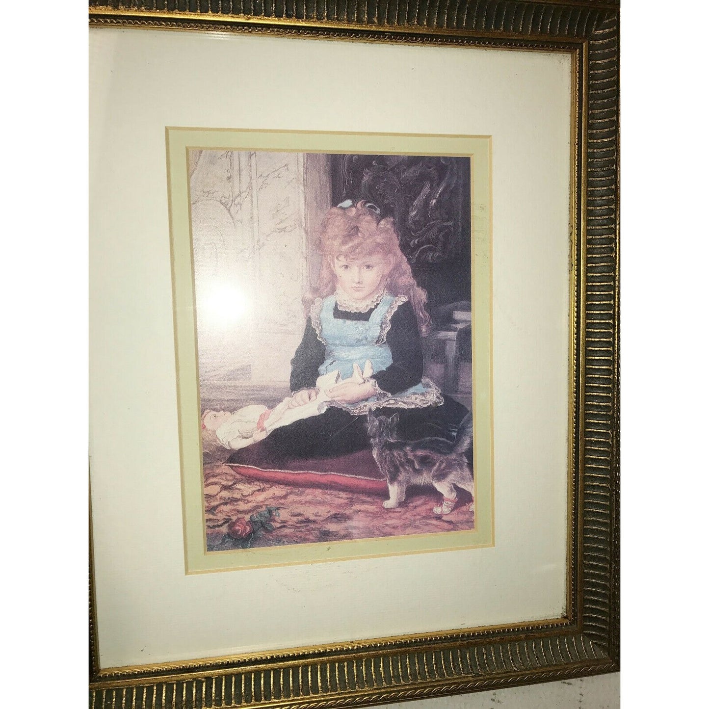 GIRL w Doll and KITTEN a WINDSOR Art Print Matted w DETAILED Frame