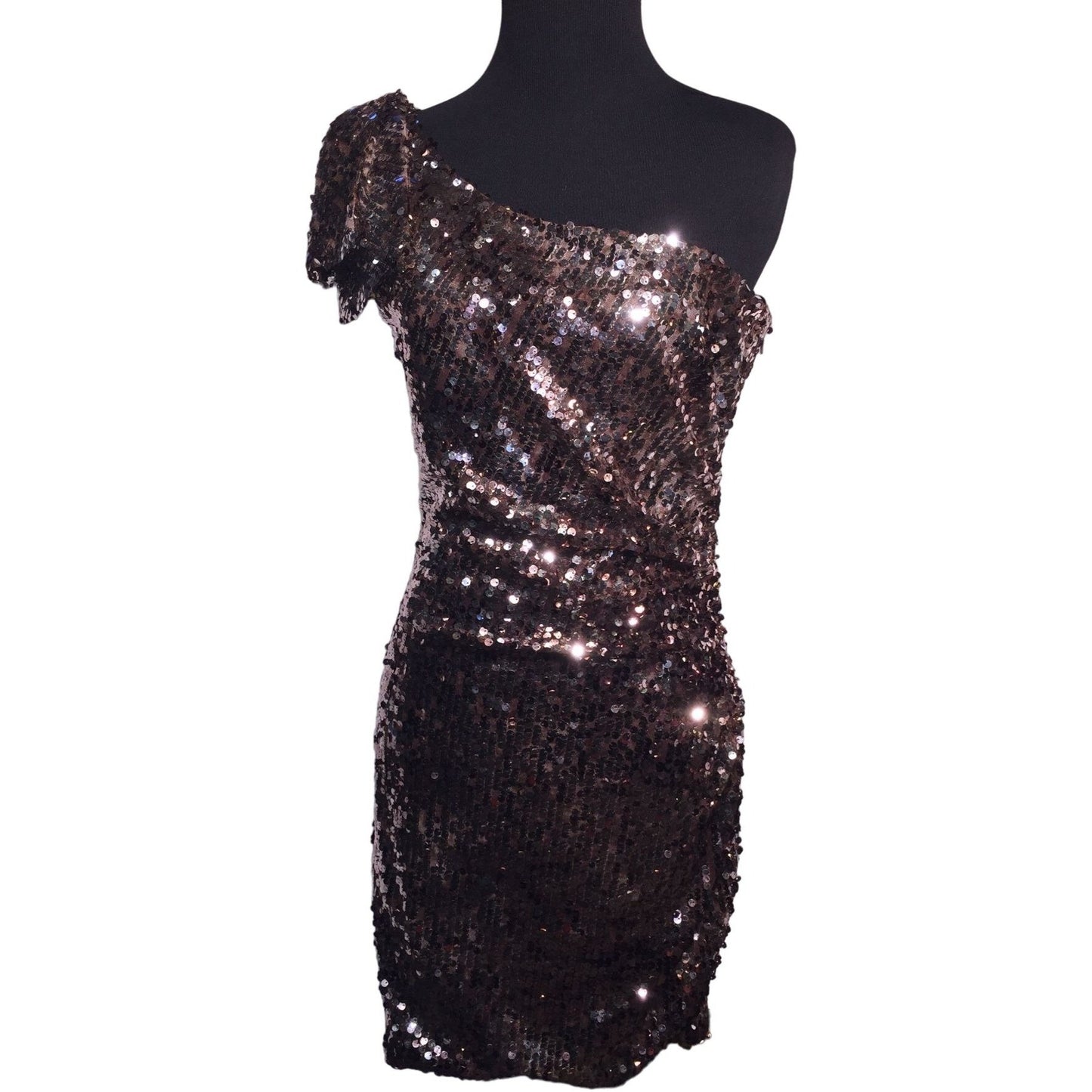 Evening Cocktail Dress - Bronze Tone Sequin one Shoulder Mini Dress Size 7