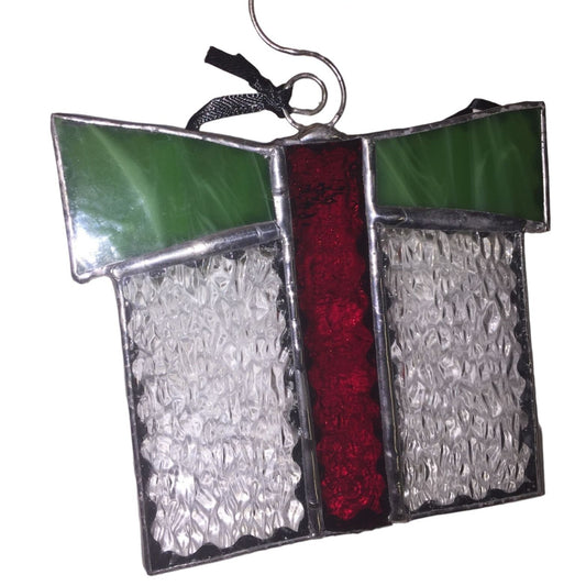 Pretty Textured Stained Glass Christmas Present Ornament or Sun catcher - Clear texture with Green and Red "Ribbons"