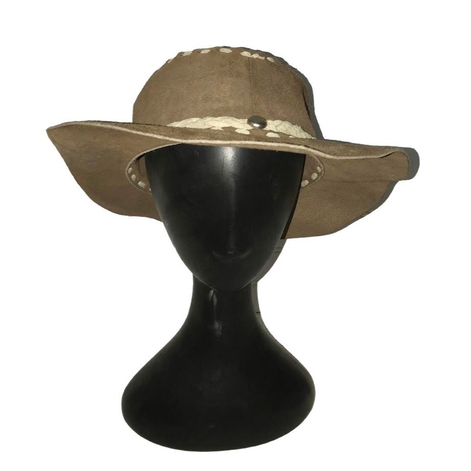 Suede Cowboy or Adventurer Hat - Light brown/tan and beige - Large suede strip seams and braided suede band. Unsure of size