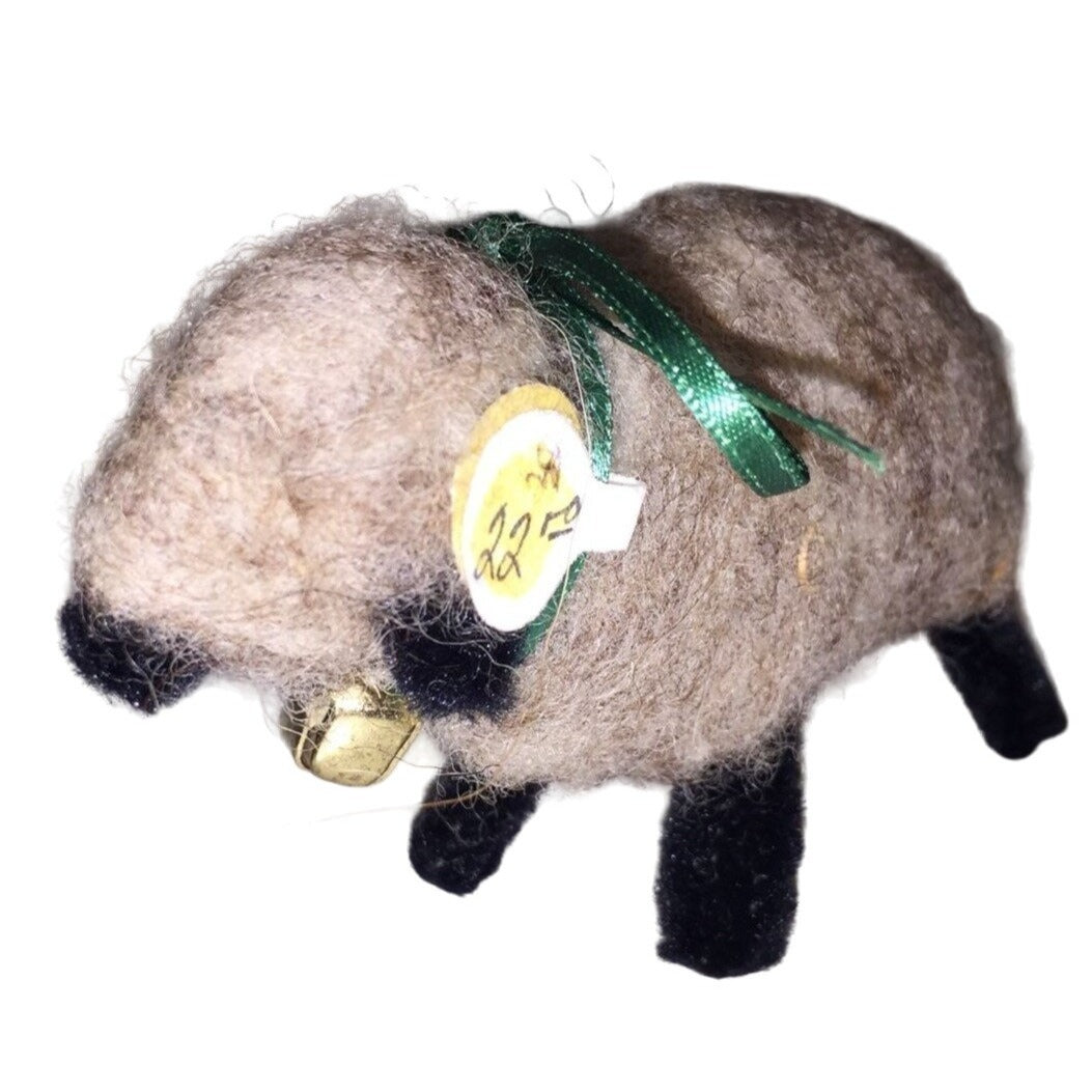 Brownish Dark Wool Sheep with Black Accents - Green ribbon and bell  Handmade