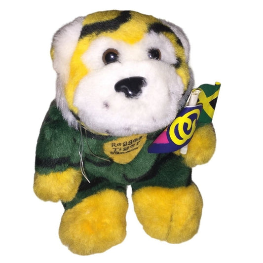 Jamaican REGGAE TIGER - Tiger with Jamaica Flag and another Flag - Green and Yellow Fur - Cute Face!