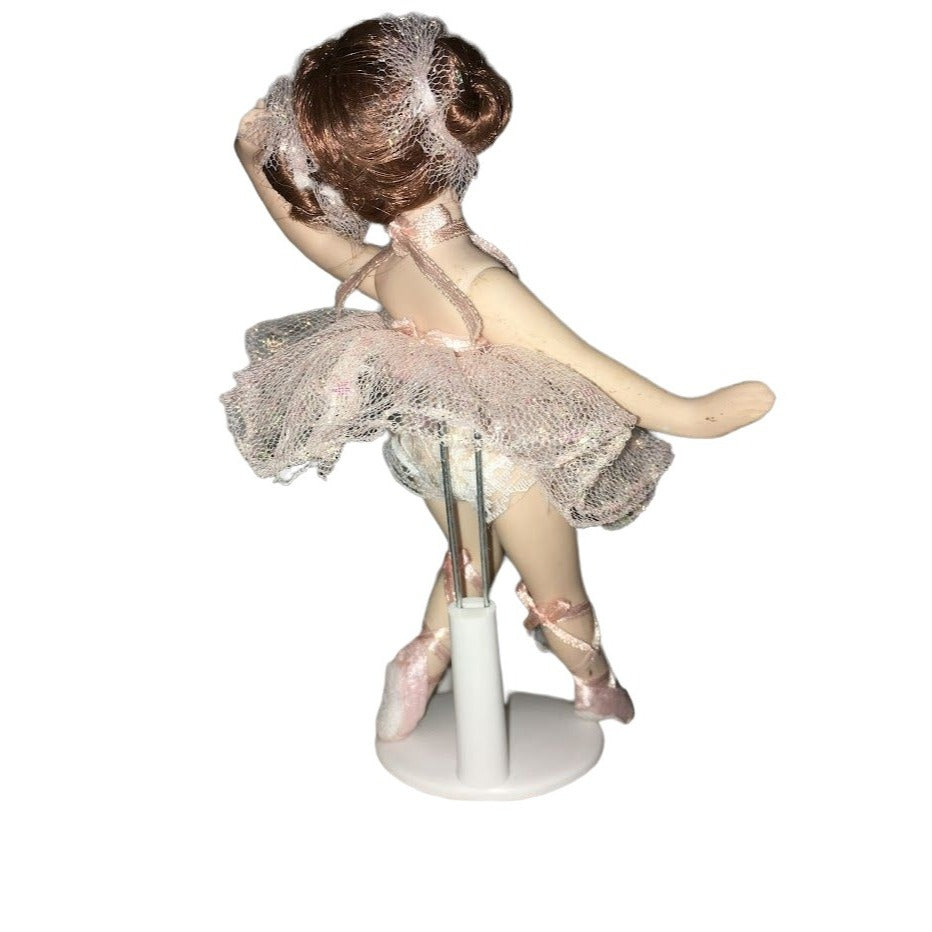 Pretty Ballerina doll in pink tutu bodice and hair decor - with toeshoes and small white stand - petite sweet young dancer piece