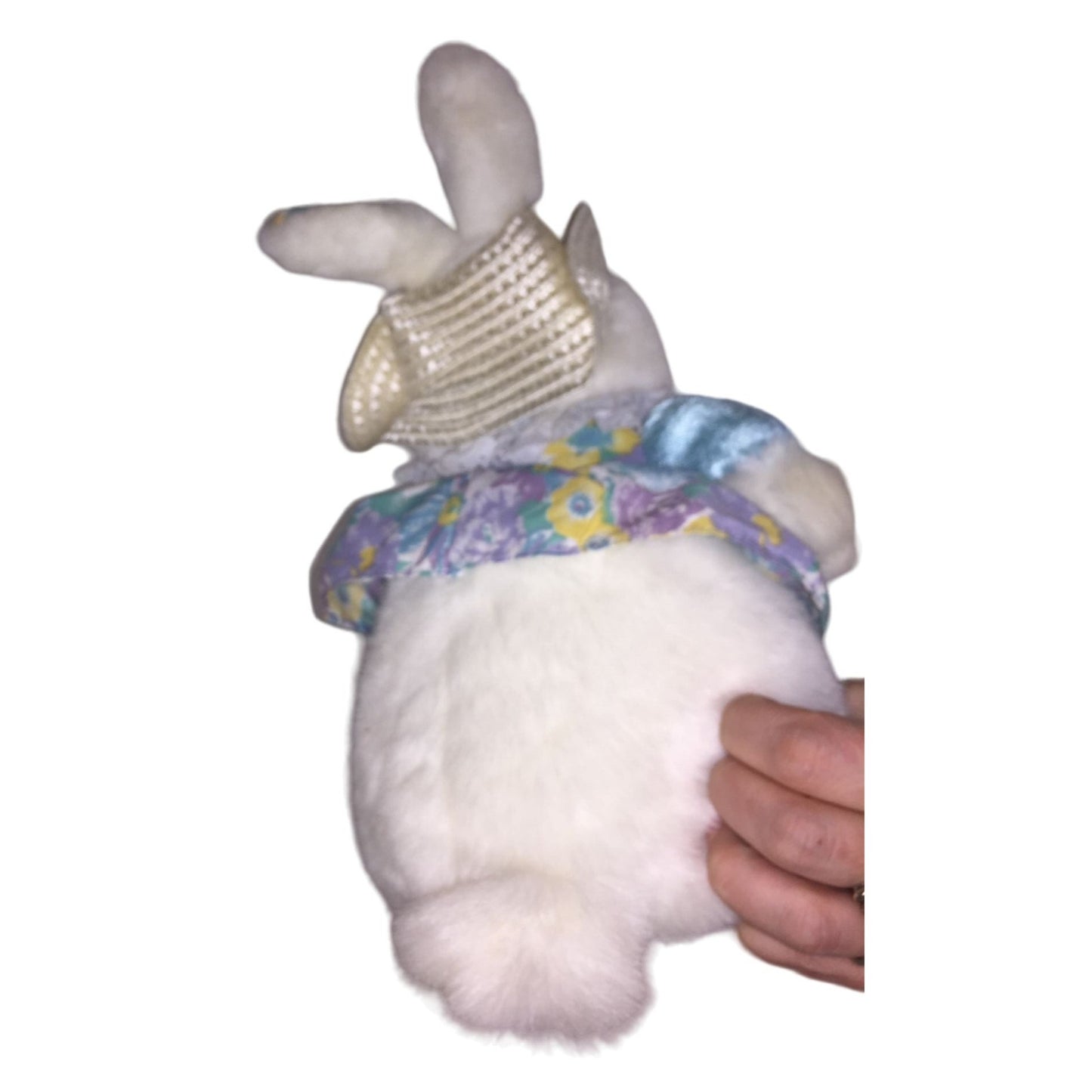 Sweet Smiling White Easter Bunny Rabbit Plush with Straw Hat and Blue, Purple Yellow Floral Print Dress and Accents