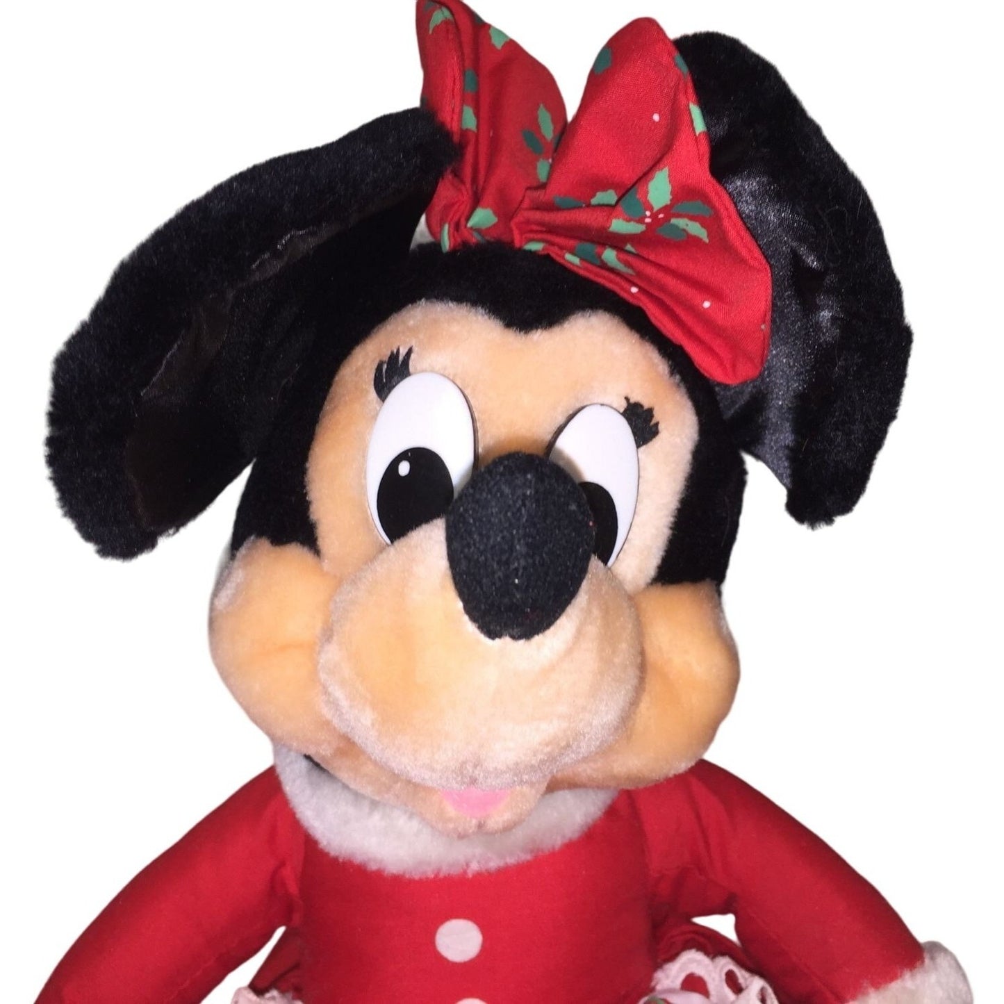 Vintage MINNIE MOUSE Christmas Plush by Applause - Red Dress Holly Bow - Red Mrs Claus Dress