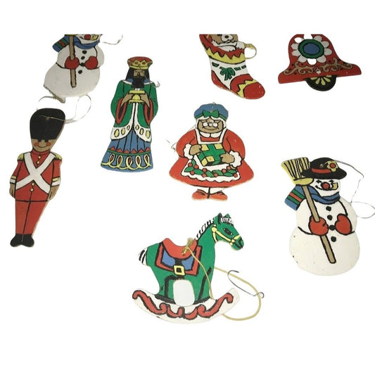 Holidays - Set of 8 Thin wood/board christmas ornaments - colorful classic look - handpainted - soldier ornament - snowman - rocking horse,