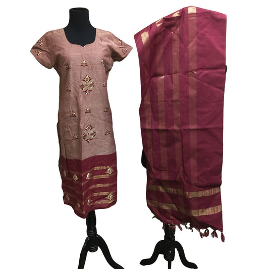 Short Sleeved Kurta with Scarf - Deep Red/Maroon and Gold