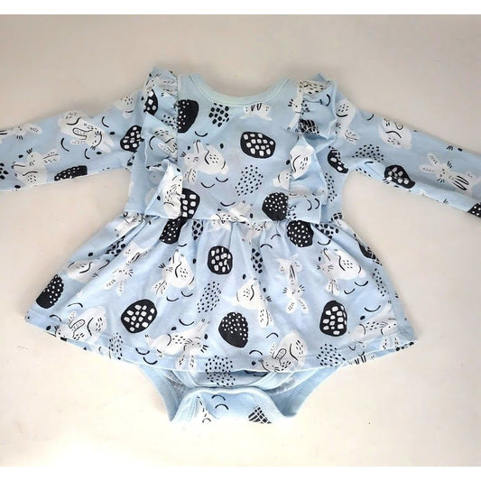 Cat and Jack 3 mos - infant baby Blue and white rabbit long sleeve creeper with ruffle