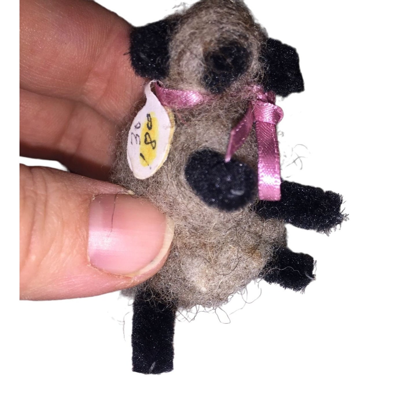 Brownish Dark Wool Sheep with Black Accents - Pink ribbon and bell  Handmade