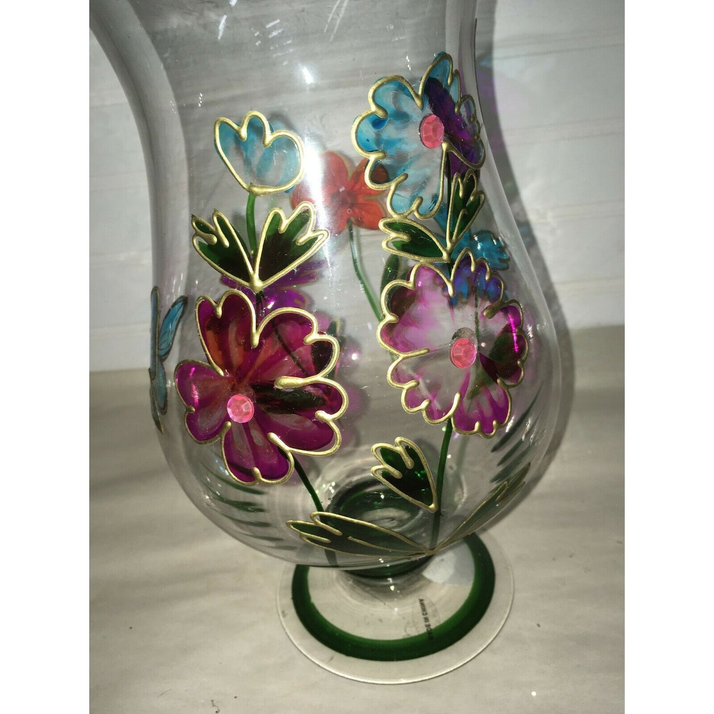 Tall Footed Clear Glass Vase w Hand Painted Flowers & Butterflies