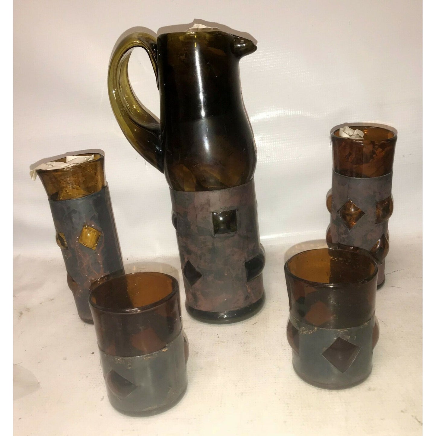 UNIQUE Amber CAGED GLASS Pitcher w Tumblers (20 & Glasses (2)