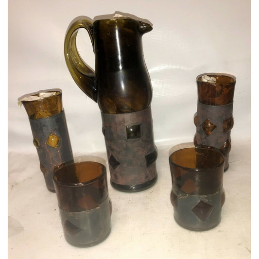 UNIQUE Amber CAGED GLASS Pitcher w Tumblers (20 & Glasses (2)