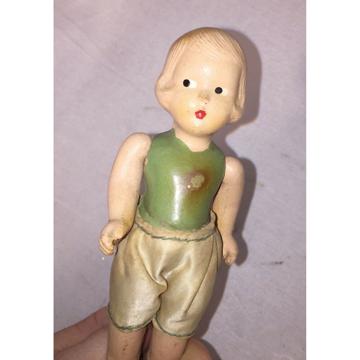 6" Antique BISQUE Doll w Pursed Lips Green Body Satin Shorts Cute