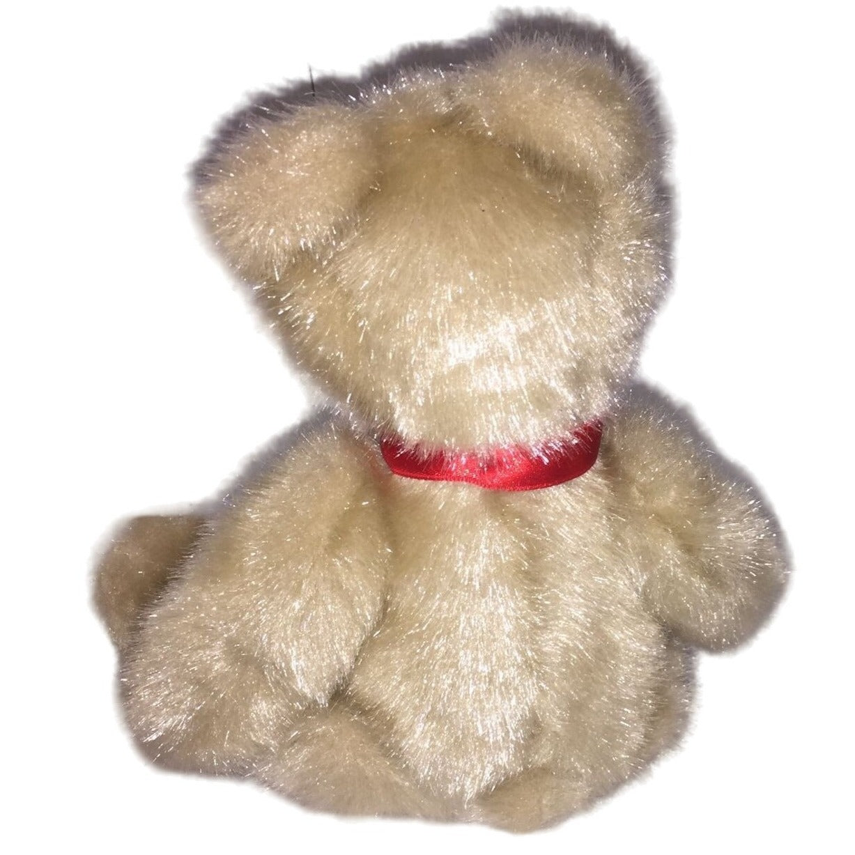 Vintage Tan Jointed Teddy Bear with Deep Red Ribbon. 7" Tall ( when sitting) - Would be a Great holder for a Holiday Gift!