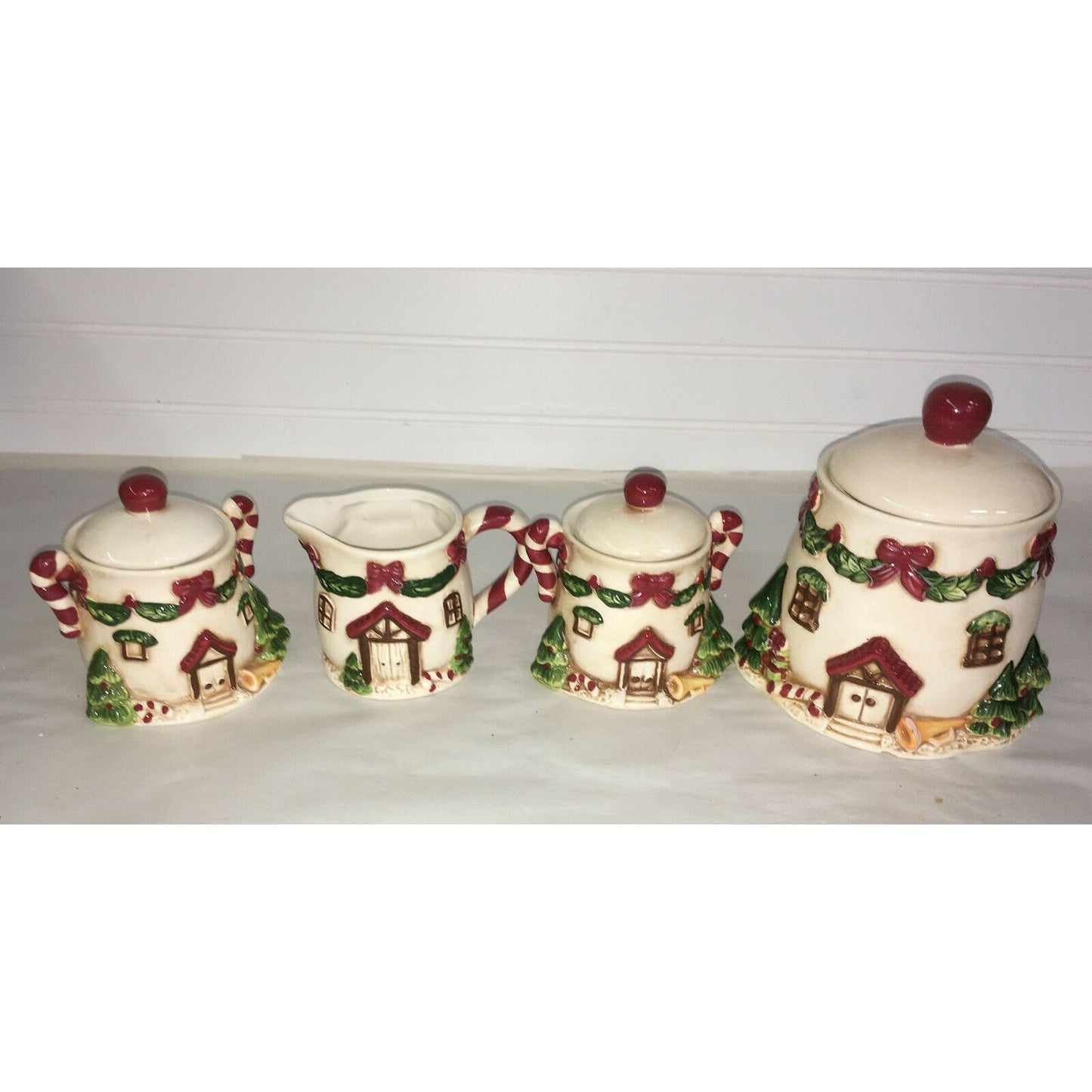 Holiday Village Creamer Sugar Marshmallow & Cookie Jar Serving Set