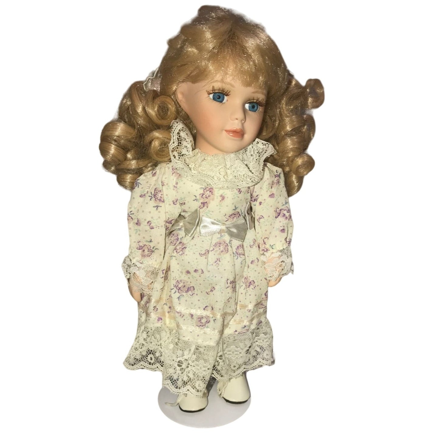 Sweet Faced 10" Porcelain doll - Fun long blonde curly Q Pigtails & big blue eyes - Beautiful face - great starter doll for your budding