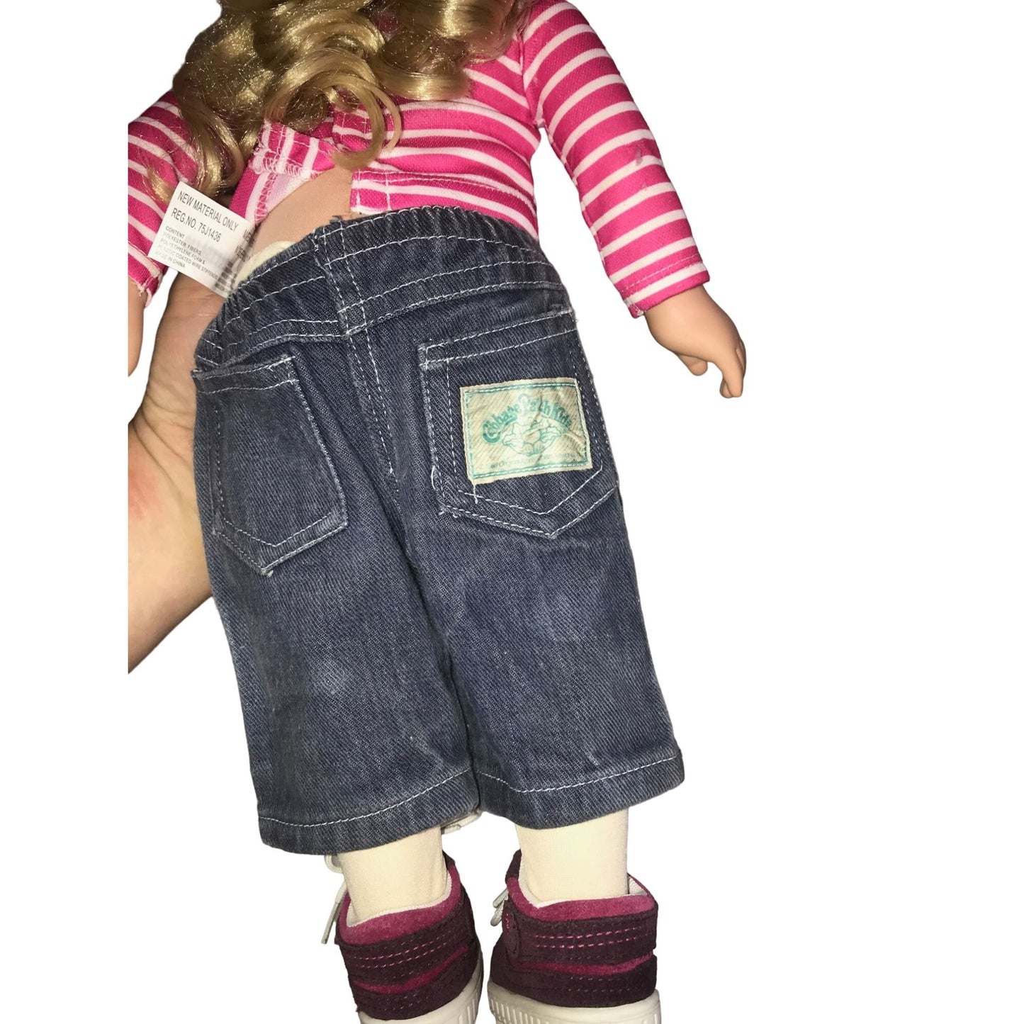 Blonde Doll with PInk and  White shirt,  Cabbage Patch denim pants and shoes - Cute fun Vinyl Doll