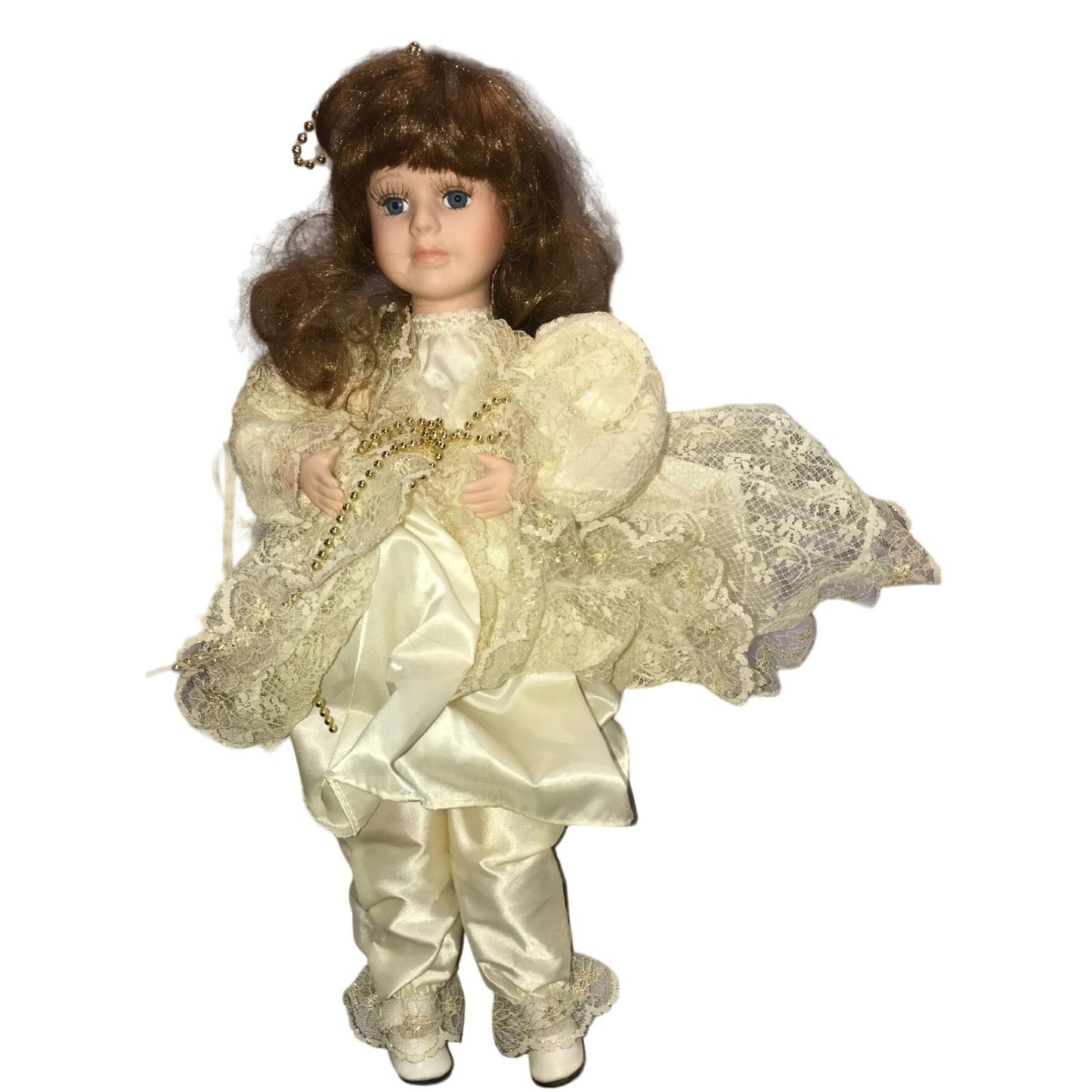 Animated Porcelain Doll - arms move in and out like leading music or clapping - very pretty face - ivory silk outfit w/ gold accents -