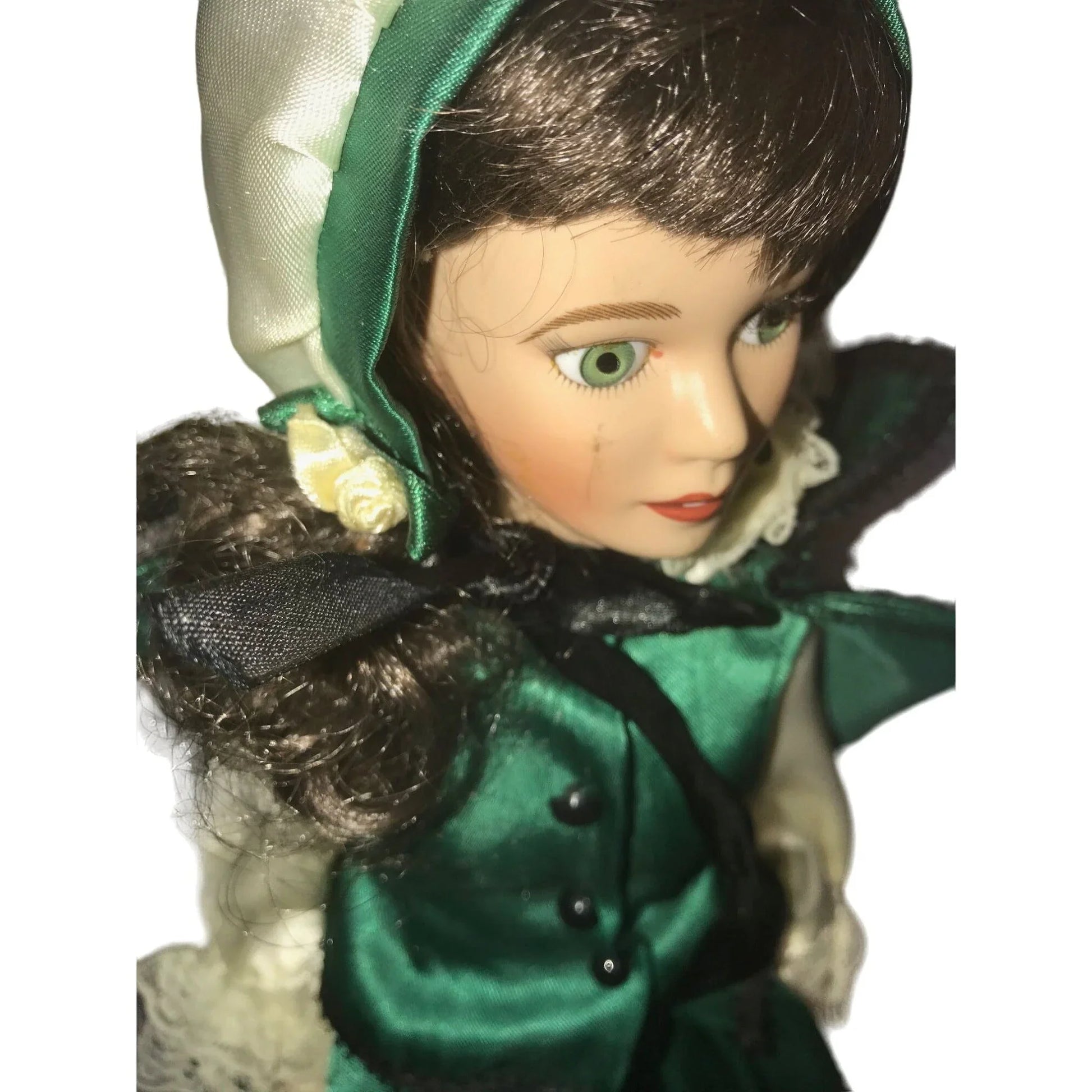 Royalton Collection 1998 porcelain doll - dark hair green silky dress - wig coming loose (need re-glued) - bright beautiful eyes - shoes pai Royalton Collection  A+ Stuff