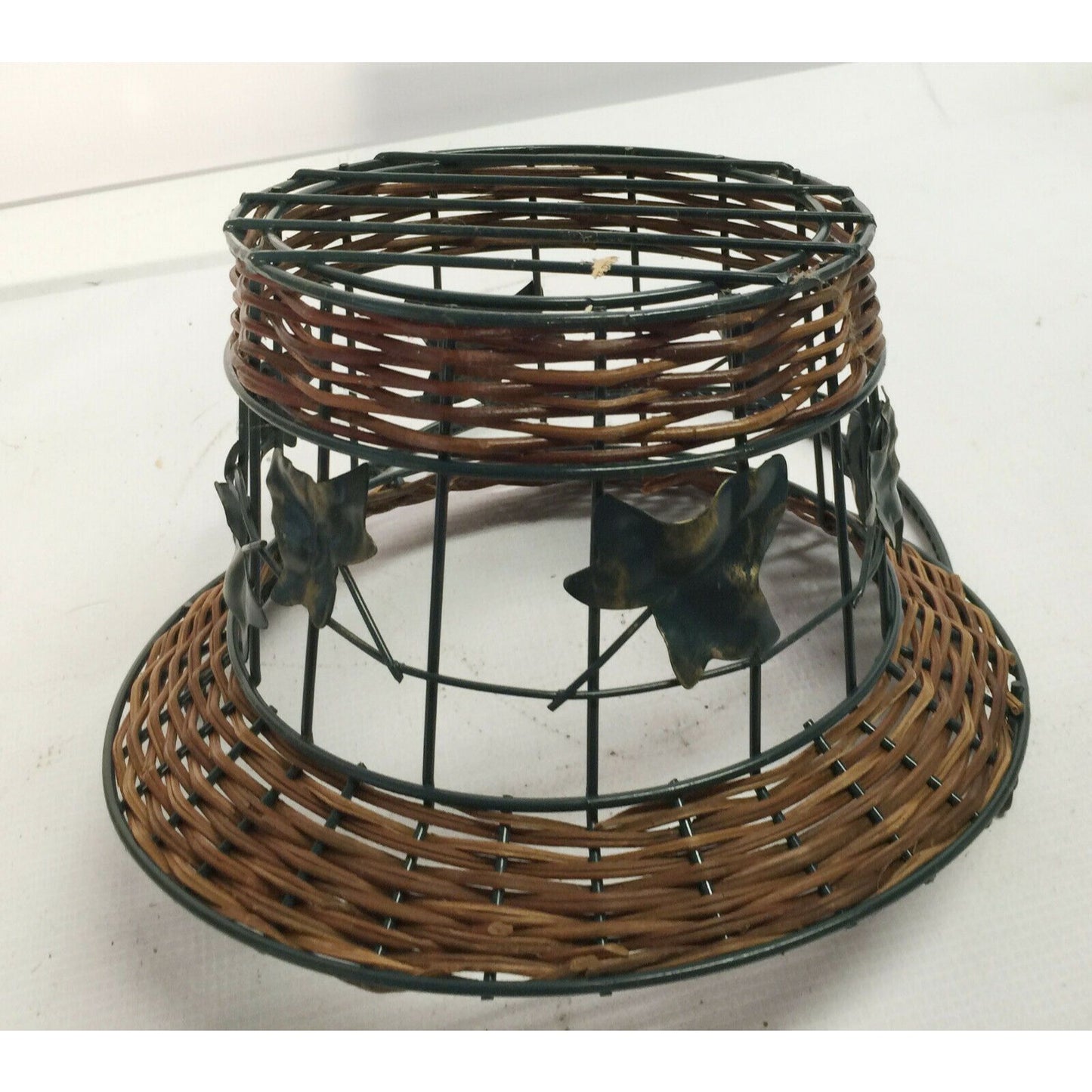 Decorative Metal Wire Basket w Wicker & Tall Handle - Metal Leaves