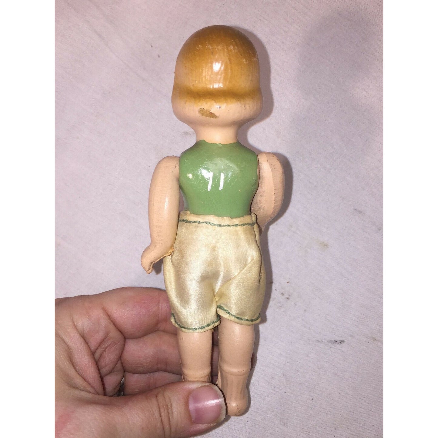 6" Antique BISQUE Doll w Pursed Lips Green Body Satin Shorts Cute