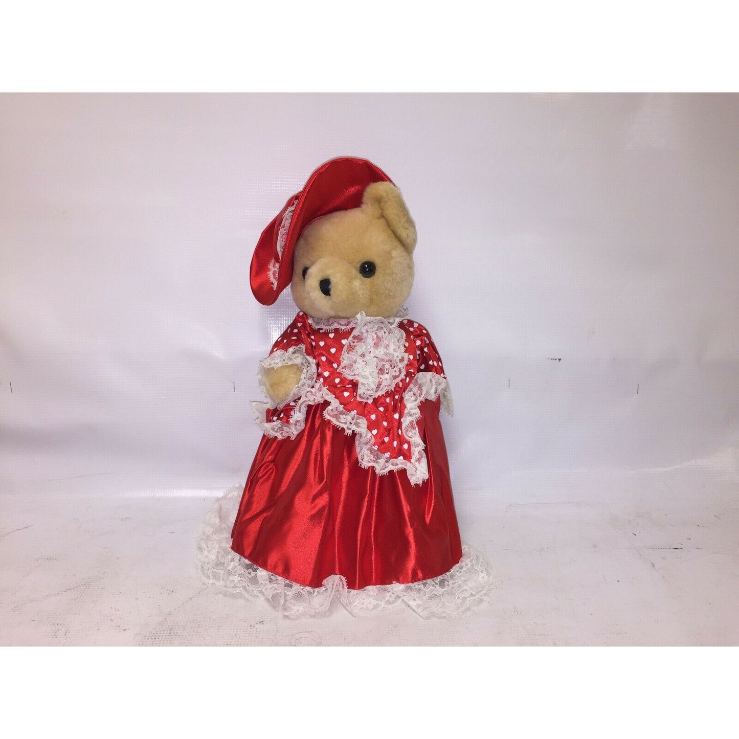 Jointed TEDDY BEAR in Red Satin Gown and Hat (Valentines or Xmas)