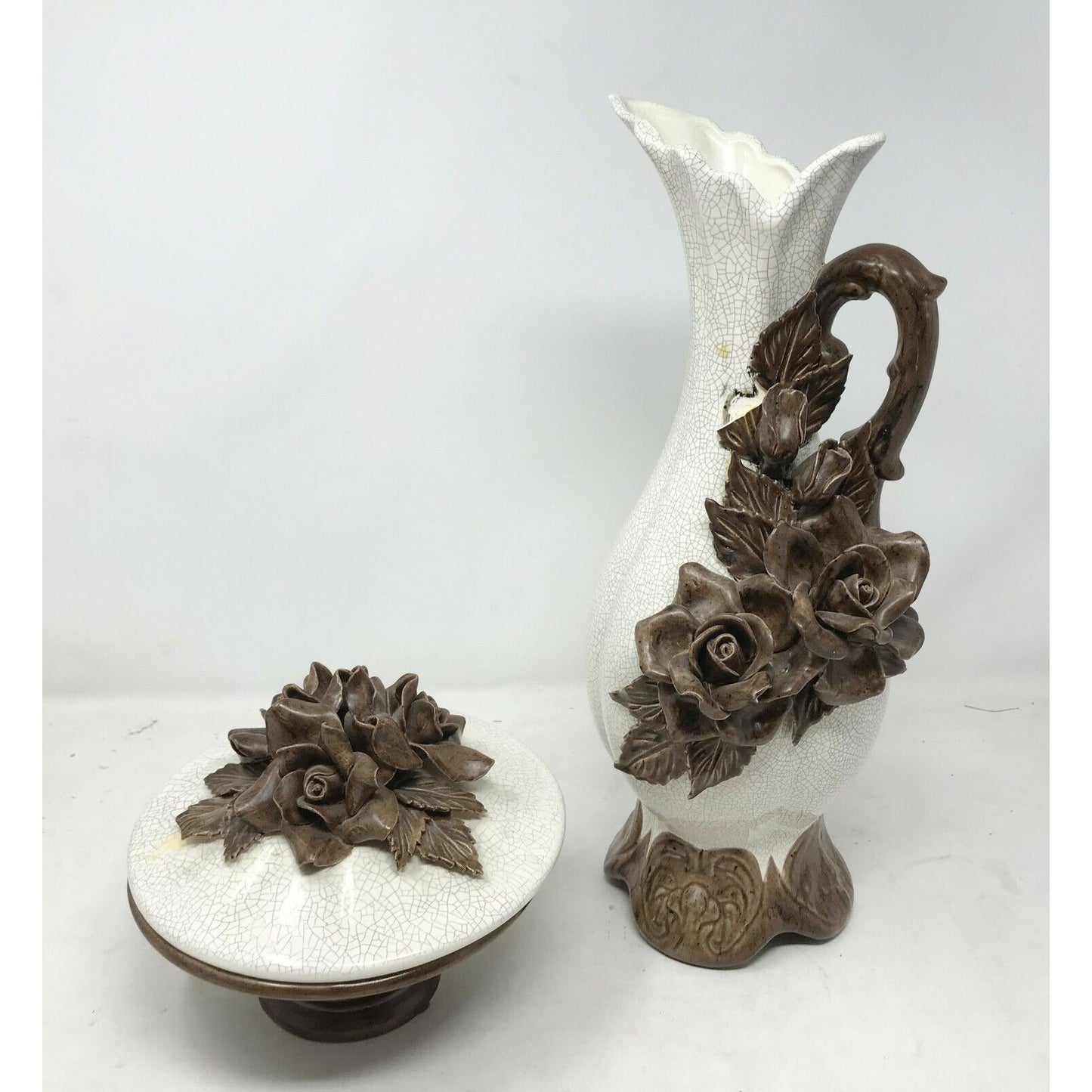 Beautiful Vintage Pitcher and Dish With Sculpted Flower Lid