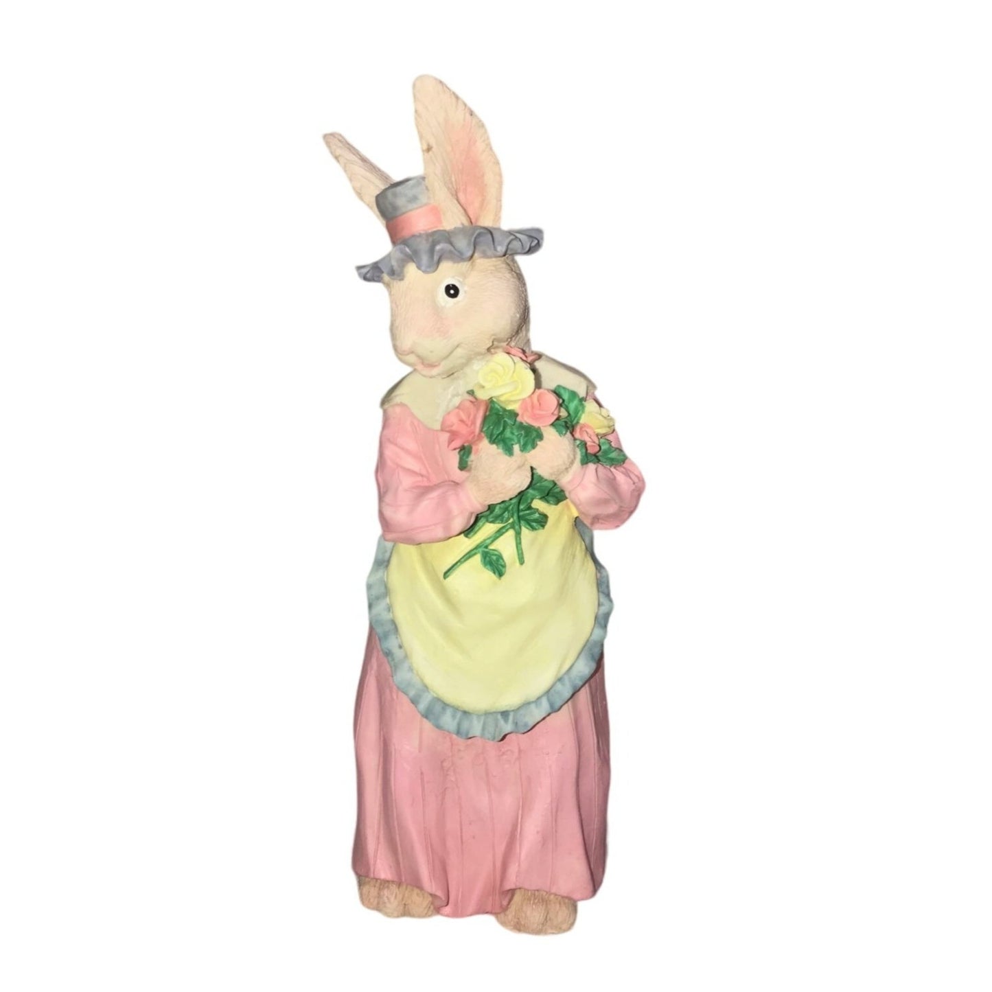 Easter decor - Dressed Up Rabbit Holding Bouquet of pink and yellow roses - Holiday Decor